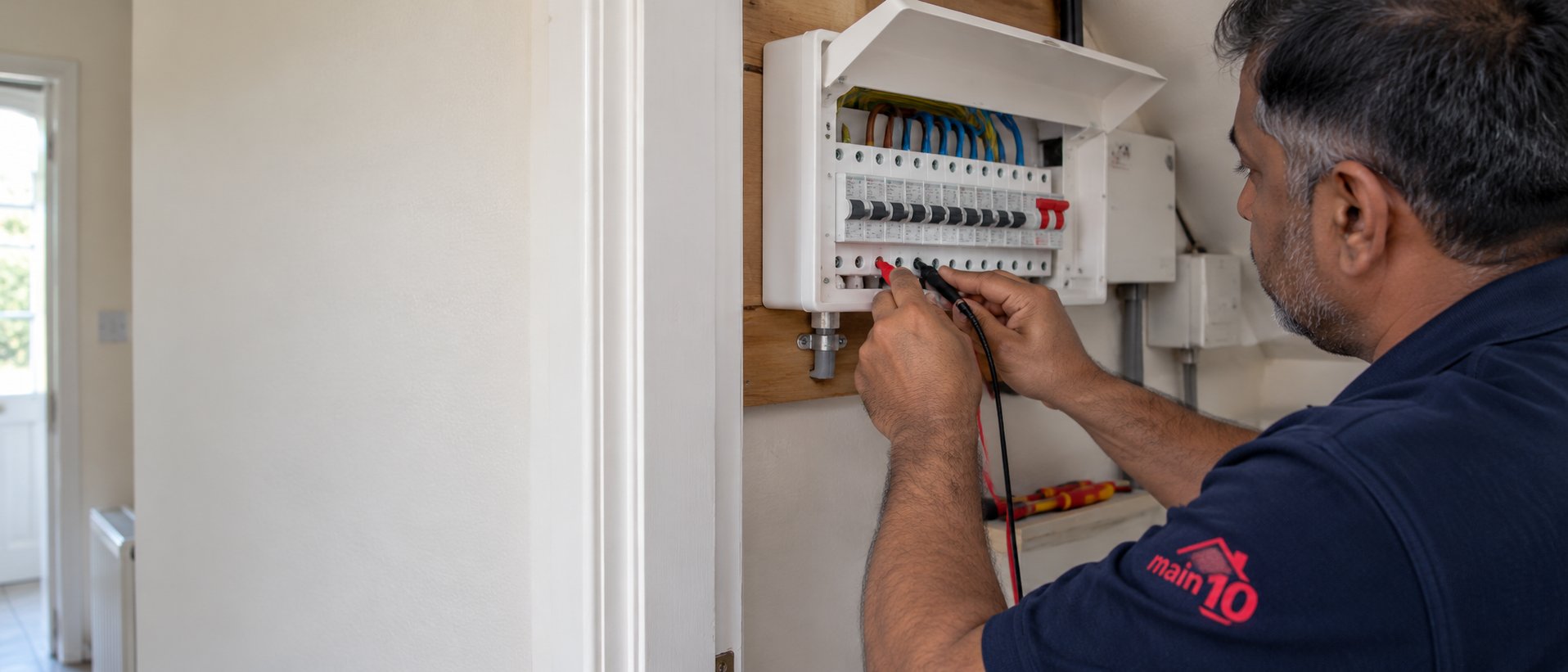 Main10 electrician testing circuits at a domestic consumer unit