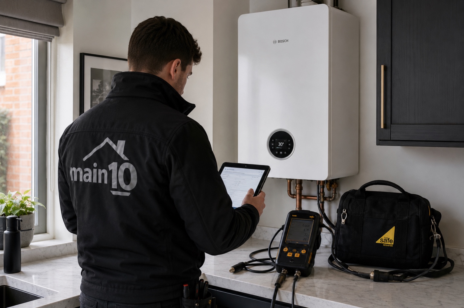 Heating and gas engineer carrying out maintenance work for a managed property