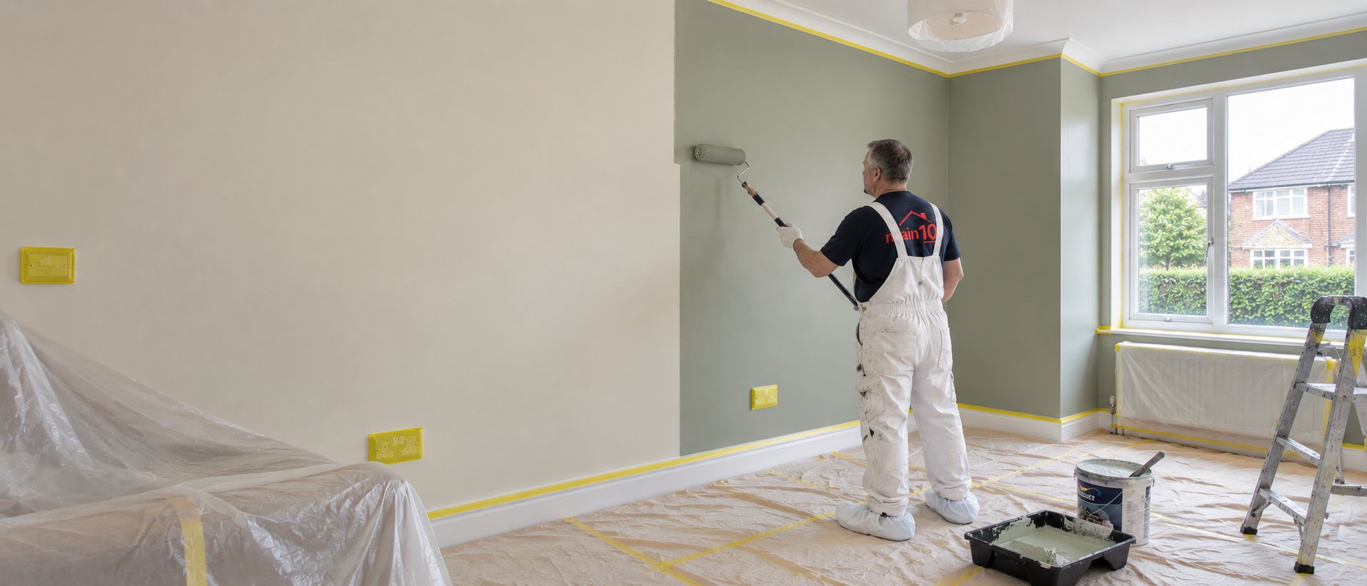 Painter and decorator at work rolling paint onto a wall in a neatly protected room, wearing a navy Main10 branded shirt