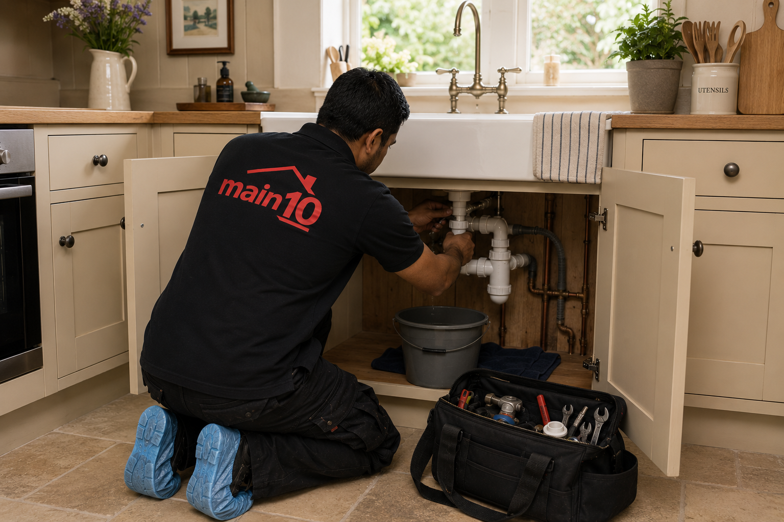 Plumbing repair work being carried out under a sink in a managed property
