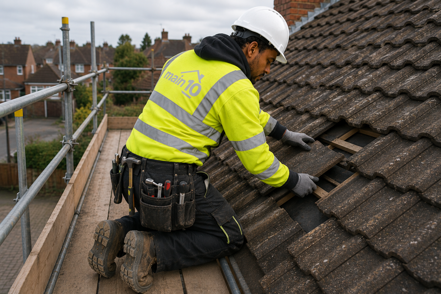 Roofing maintenance work being carried out on a residential property