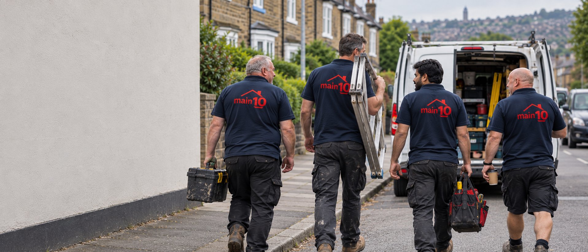 The Main10 team walking to their van carrying tools on a Yorkshire terraced street
