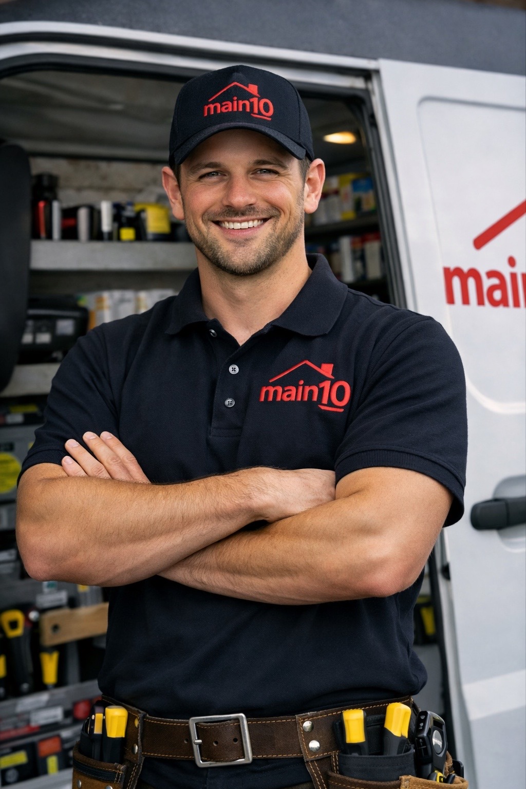 Main10 engineer standing beside service van
